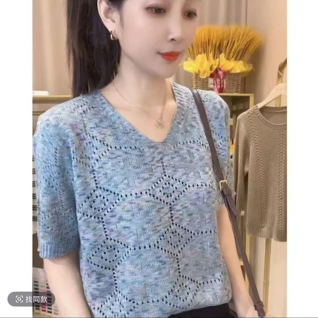 Women's Knitted T-shirt V-neck Loose Pullover Top Summer Knitted Versatile Short Sleeved Shirt