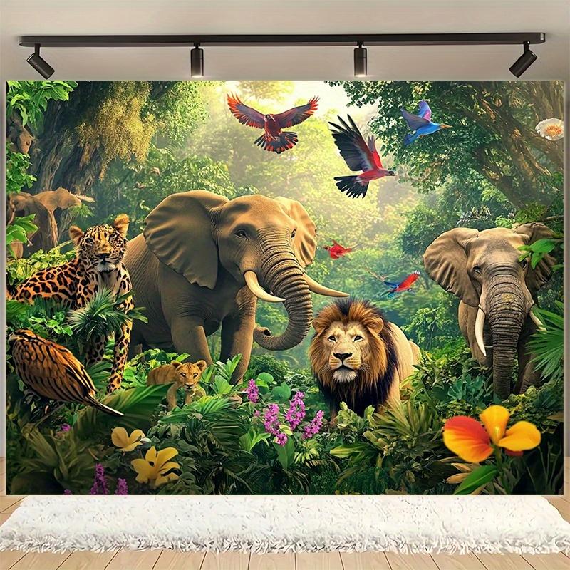 1pc Magnificent Jungle Animal Wildlife Polyester Background, Suitable for Birthday Party Decoration, Vibrant Animal Scenes