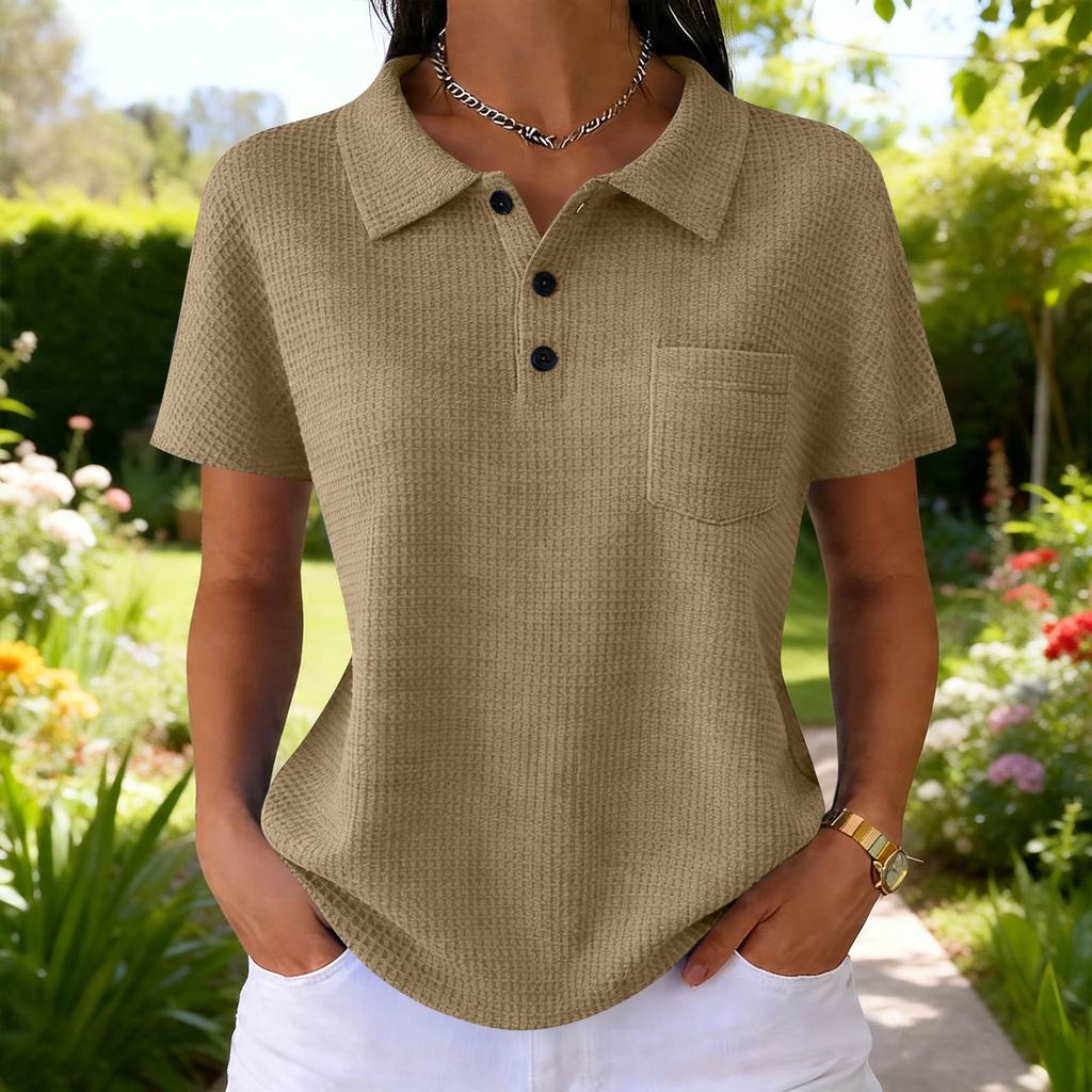 Women's Fashion Color T-Shirt — Vintage V-Neck, Button-Front, -Knit — Casual Short-Sleeve Top for Daily Commuting (Spring/Summer)