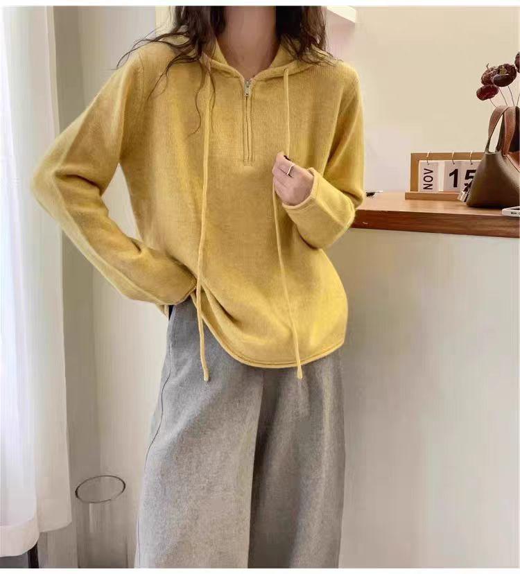 Women's Korean Style Half-Zip Hooded Wool Sweater - Slim Fit, Long Sleeve for Autumn & Winter