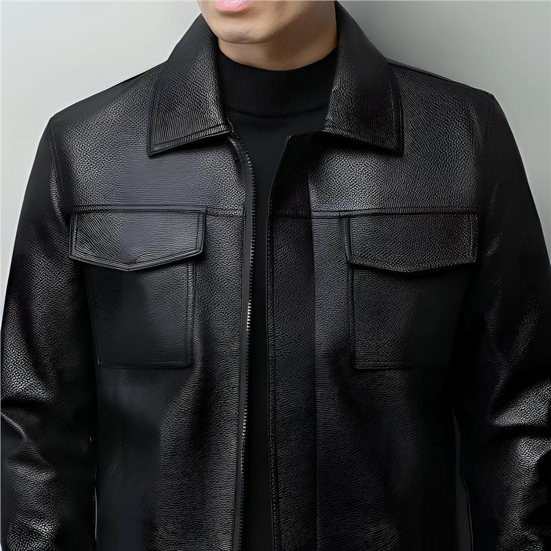 Lightweight Spring Autumn Cowhide Jacket with Leather Patternmulti-pocket Leather Jacket Fashionable Jacket for Middle Aged Men