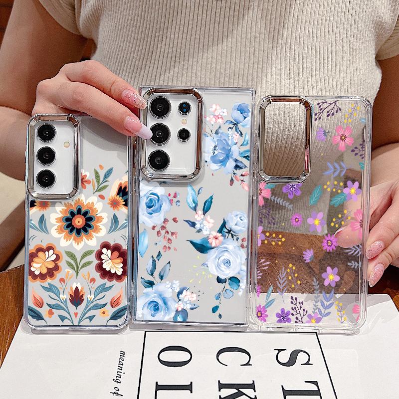 Cartoon Flowers Pattern Case For Samsung S26 S25 Ultra S24 FE S23 Plus S22 S21 A15 A16 A17 A35 A36 A37 A54 A55 A56 A57 5G Plating Lens Soft Cover