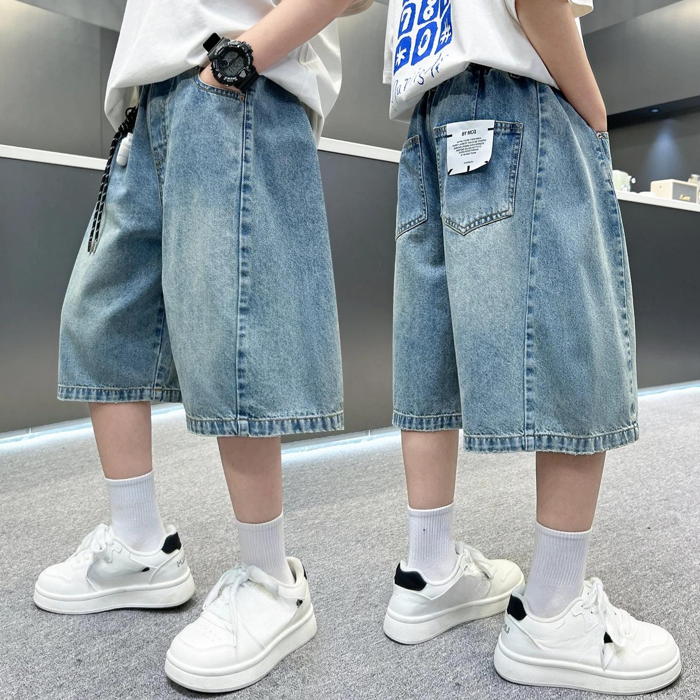 Sommer Kinder Kind Lässig Retro Blaue Jeansshorts für Jungen Baggy Jeans Capris Knielange Hosen Größe 5 6 7 8 9 10 11 12 13 14 Y 170 blau