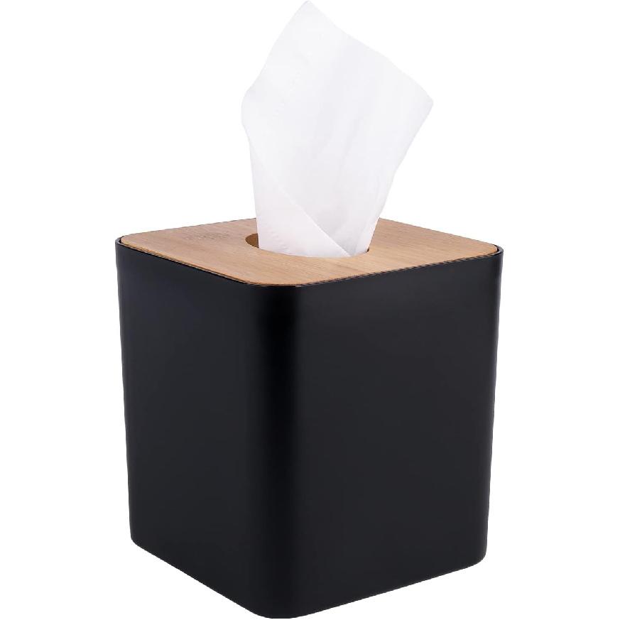 Modern Tissue Box Cover with Bamboo Lid, Square Tissue Holder,for bedrooms, Offices, bathrooms, Living Rooms etc(Black)