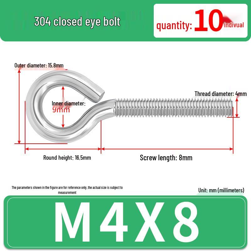 304 Stainless Steel Eyebolt with Ring Hook – Machine Thread Closed Eye Bolt (M4 M5 M6 M8)