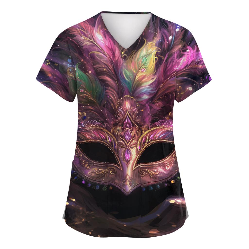 Women's Fashion Short-Sleeve Carnival Print V-Neck Pocket Workwear Top