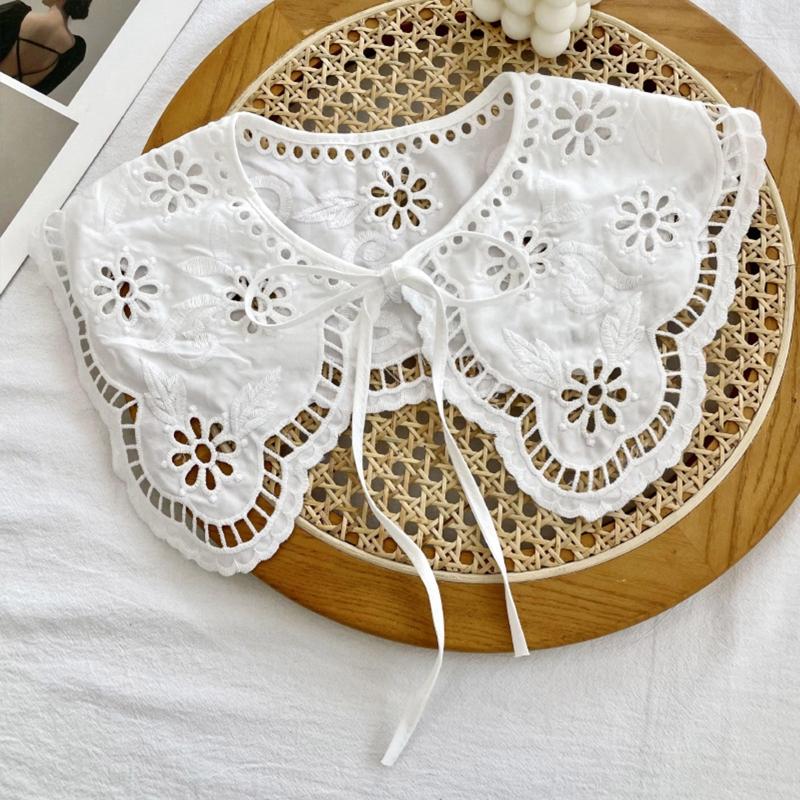 Korean Women White Cotton Fake Collar Shawl Wrap Hollow Out Floral Fish Scales Necklace Scarf Embroidery Short Poncho Dropship