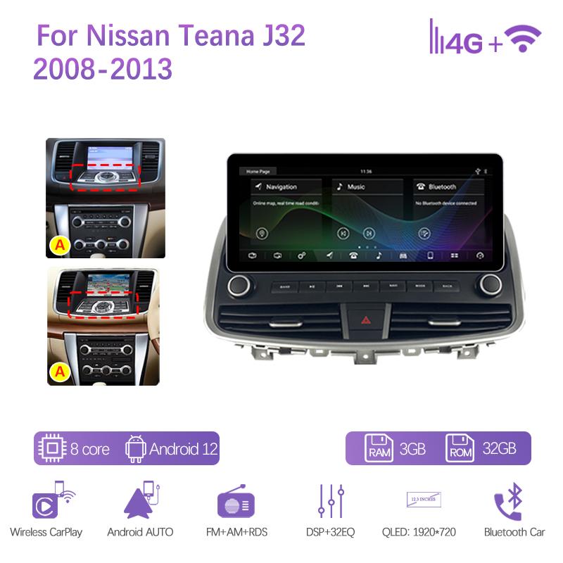 12.3 Inch For Nissan Teana J32 2008-2013  Car Multimedia Video Player GPS Navigation Android12 8+128G 8 Core CarPlay Radio 4G
