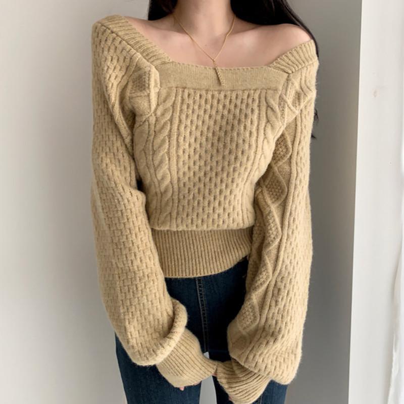 

Elegant Square Neck Lantern Sleeve Twist Pullover Sweater Women s Loose Long Sleeved Knitted Bottoming Shirt Fashion Solid Color Casual Office Tops one size хаки