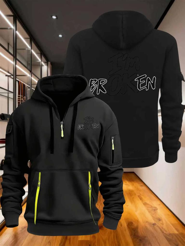 Men's hoodie, stylish with multiple zippers and pockets, loose fitting pullover print I'm ok English print