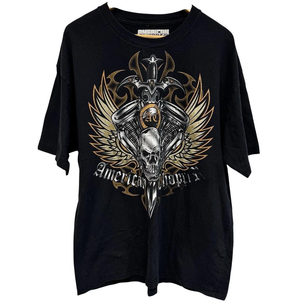 VTG American Choppers Skull Wings Motorcycle Black Faded T-Shirt Sz XL