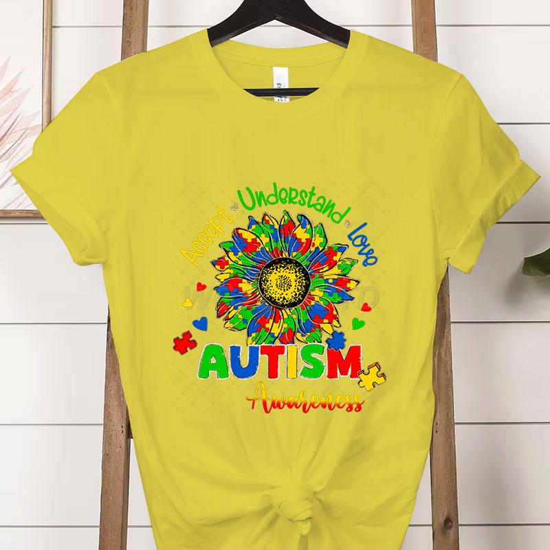 Autism Awareness Woman Tshirts Accept Understand Love Shirt Autism Teacher Gift Autism Gift for Mom Proud Short Sleeve Tshirt