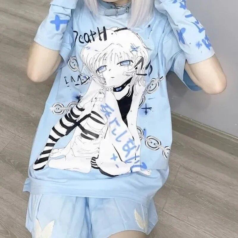 2KWEIRD Y2k Anime Grafisk T-skjorte Goth med Splitt Ermer Mote Kawaii Søt T-skjorte Dame Egirl Harajuku Topp Femme Sommer