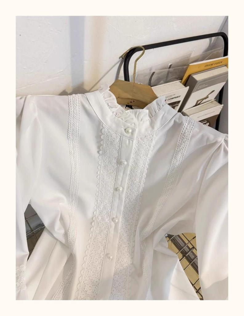 Women's White Lace Patchwork Stand-Up Collar Lantern Sleeve Blouse - Stylish Autumn 2025 Inner Wear