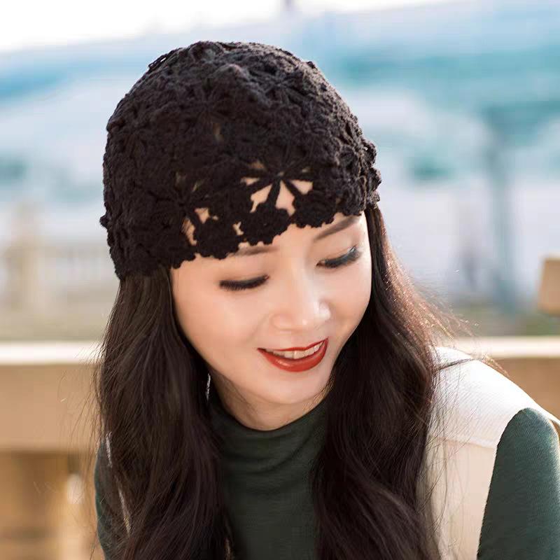 Hand-woven flower hollow thin hat spring and summer lace breathable sleeve knitted crochet bag head hat women's fashion