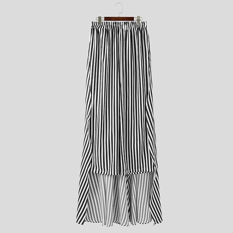 INCERUN Men Elastic Waist Floor-length Layers Striped Casual Long Loose Pants Trousers S чёрный