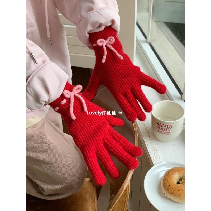 Student riding warm gloves autumn and winter cute bow knitted gloves female student finger gloves