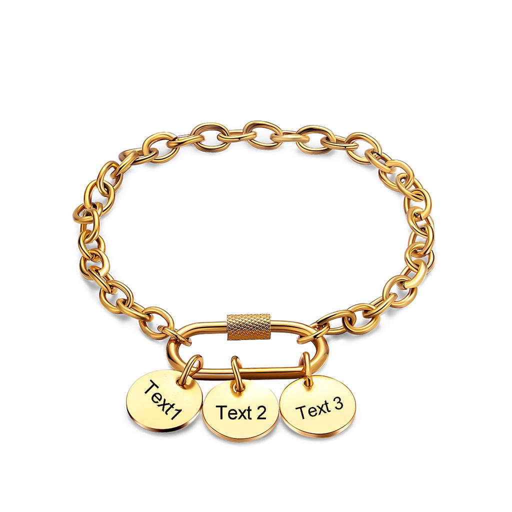 New Customize Name&Date Women Girls Link Chain Bracelet Stainless Steel Round Charm Personalized Jewelry Length 18cm