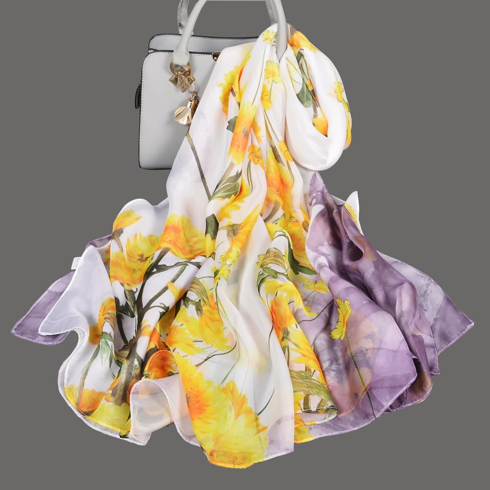 Light Green Silk Scarf Ladies Spring Fall Winter Floral Large Size Long Scarves Wraps Summer Beach Shawl Cover-ups
