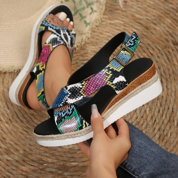 Summer New Ethnic Slope Heel Fish Mouth Sandals Women's Bohemian Plus Size Sandals