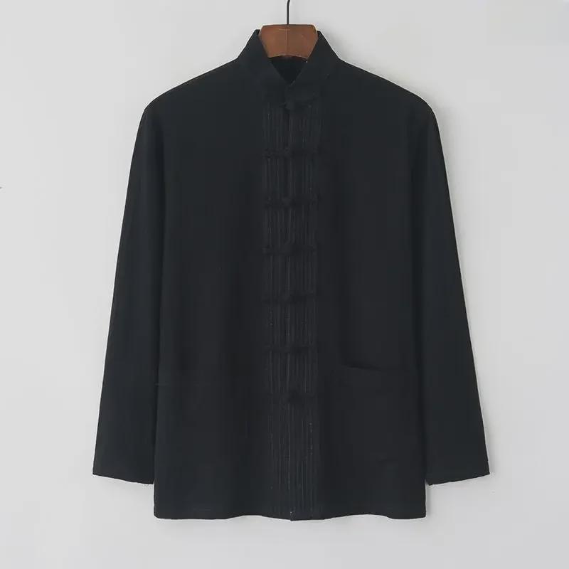 Men's Cotton Linen Tang Suit - Long-Sleeve Retro Chinese Buttoned Attire for Middle-Aged & Elderly, Loose Tai Chi Style