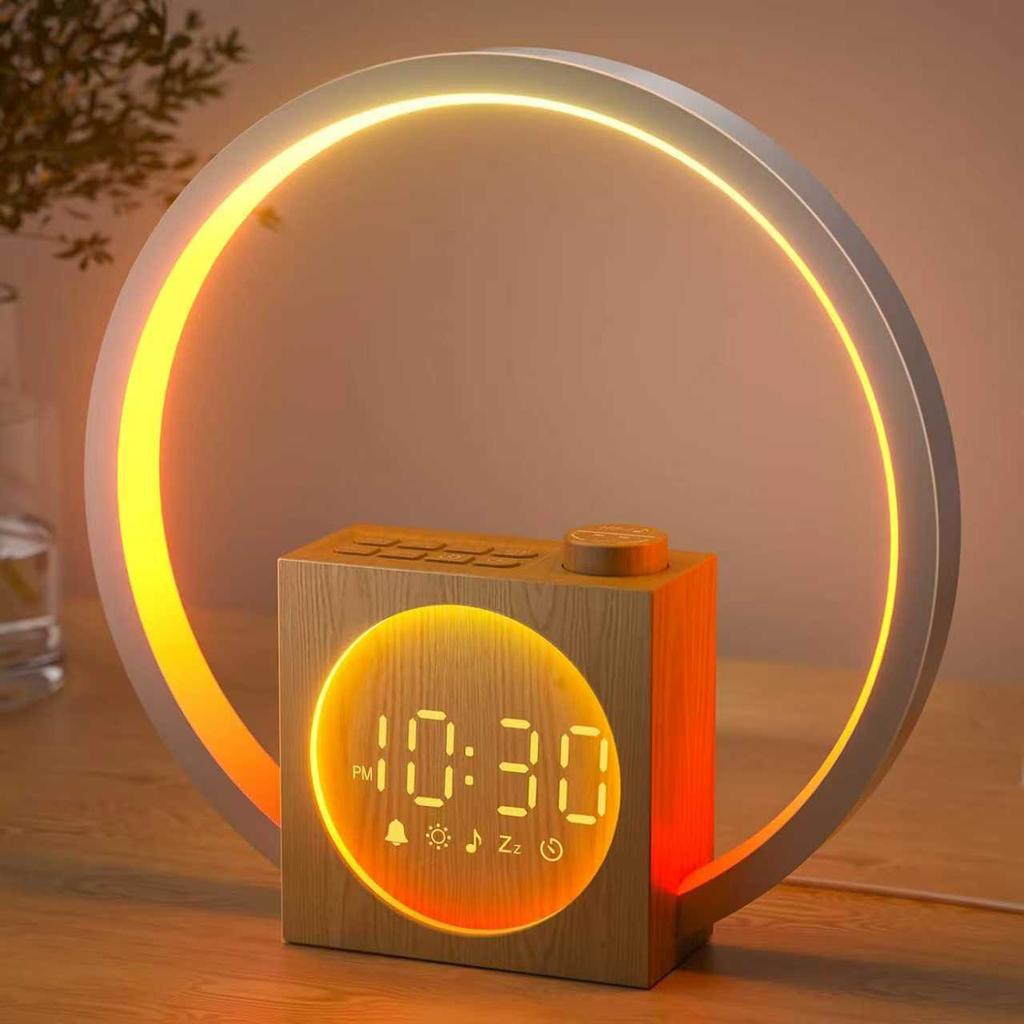 USB Charging RGB Sunrise Smart Table Clocks 12 Light Modes with White Noise Wake-Up Alarm Wood-Grain Finish Speakers