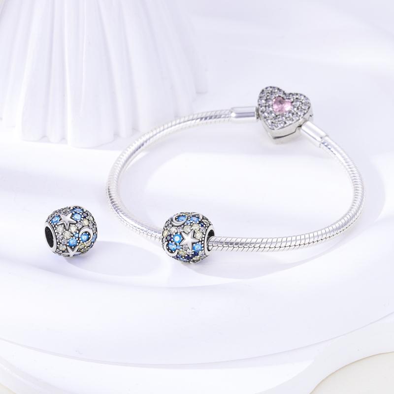 Authentic Charm Bead Charms Copper Plated Blue Starry Sky, Moon, Stars, Bead Charms Compatible With Bracelets Ideal For Women Women Jewellery Making D