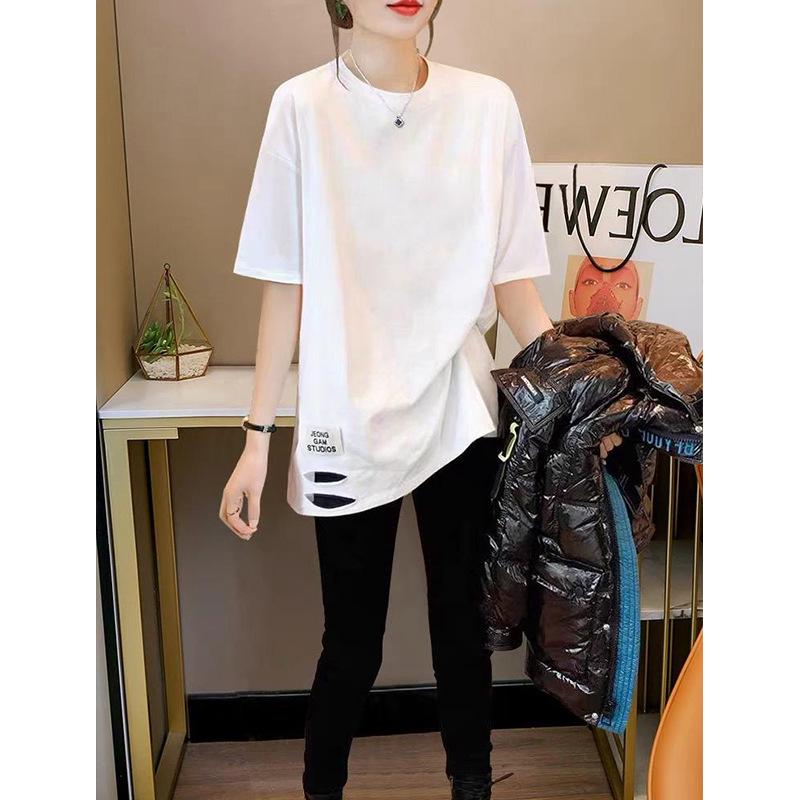 Women's 2025 Fashionable Pure Cotton White Ripped Short Sleeve Tee - Versatile, Loose-Fit, Mid-Length, Age-Defying Top