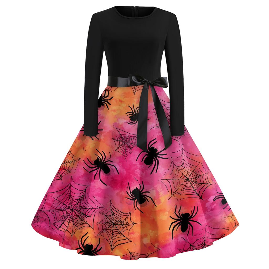 Women's Casual Vintage Halloween Dress Long Sleeve Round Neck A-Line Midi Dress with Bow Waistband and Pumpkin Print Skirt