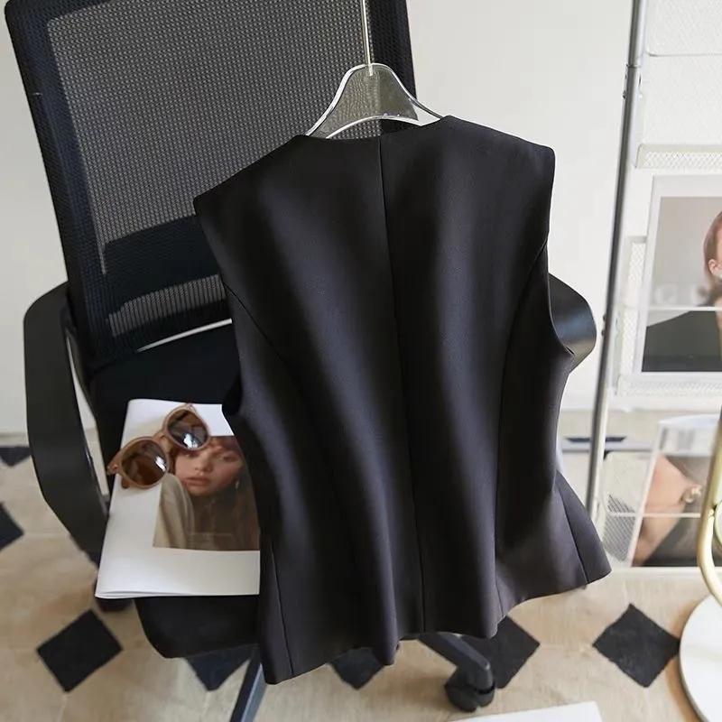 Spring Autumn V-neck Sleeveless Ladies Blazer Vest Coat Single Breasted Short Women's Suit Waistcoat Jacket