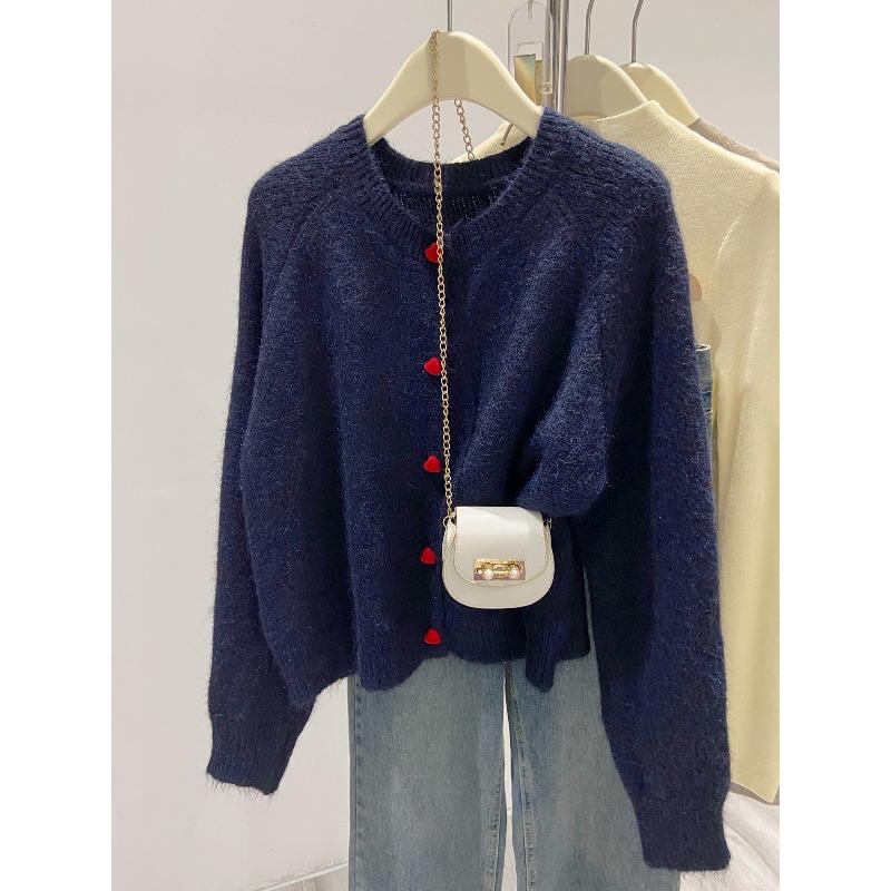 Milk Huhu soft waxy crew neck sweater jacket women's autumn and winter loose knitted cardigan love button top
