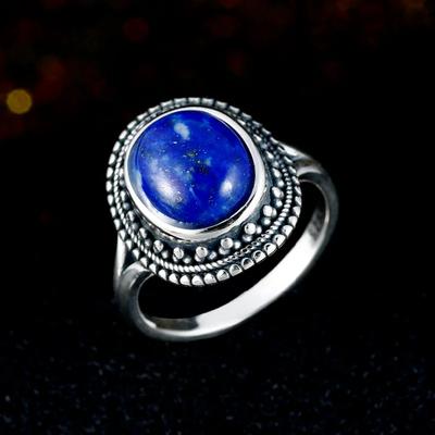 Silver Ring Antique Oval Lapis Rings for Women Men Engagement Anniversary Gift Fashion Ring