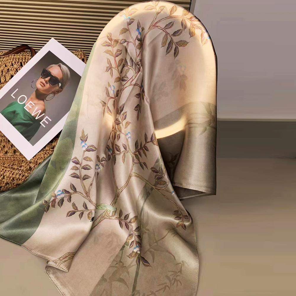 New Blue Women'S 100% Mulberry Silk Scarf Shawl 175*52Cm Fashion Floral Design Long Scarves Wraps Fall Winter Headscarves
