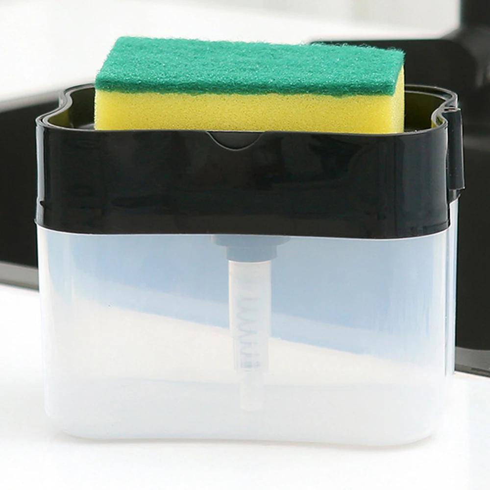 1 for Household Kitchen 2 In 1 Pressing Soap Liquid Box, Easy To Replenish, Durable, for Sponge, Dish Cloth, Pot Brush, Black