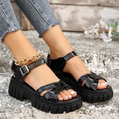 Freizeitsandalen in Volltonfarbe mit dicker Sohle, gerader Schnalle und offener Spitze mit runder Spitze, weicher Oberfläche, dickem Absatz, Biskuitschuhen, Römerschuhen