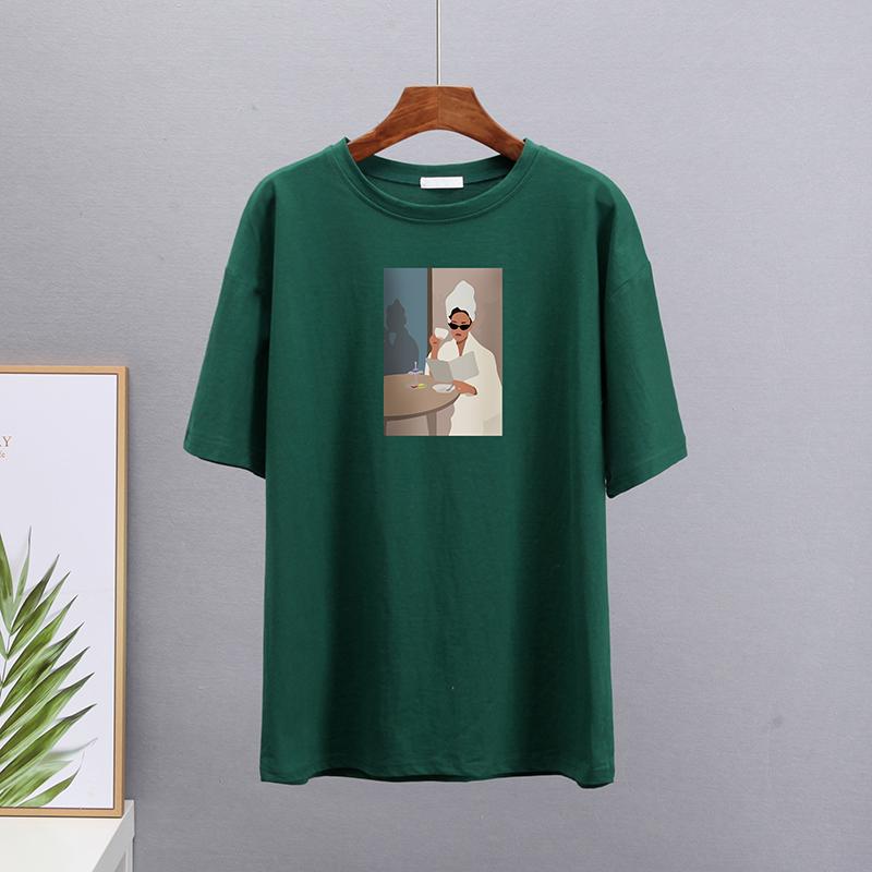 Hirsionsan T-shirt i bomull med löst tryck Dam Sommar Casual Nya Koreanska Trendiga Kortärmade T-shirts Kvinna Cool Girl Ins Toppar