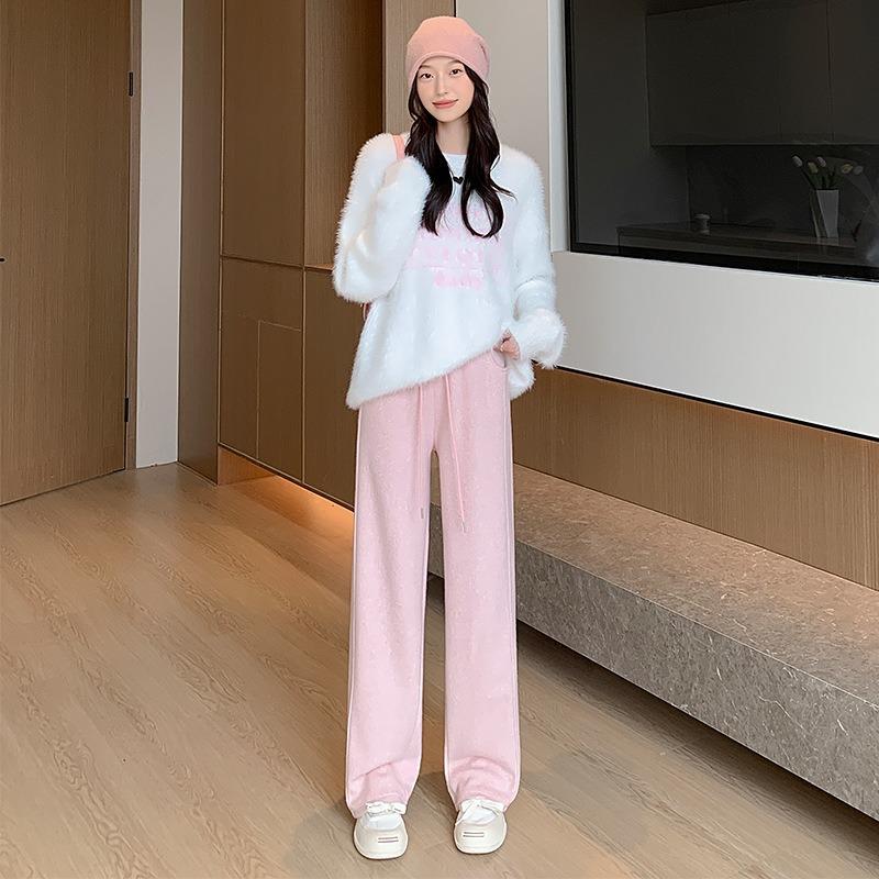 Fleece thickened towel pants autumn and winter warm casual versatile straight pants high waist design wide leg pants women