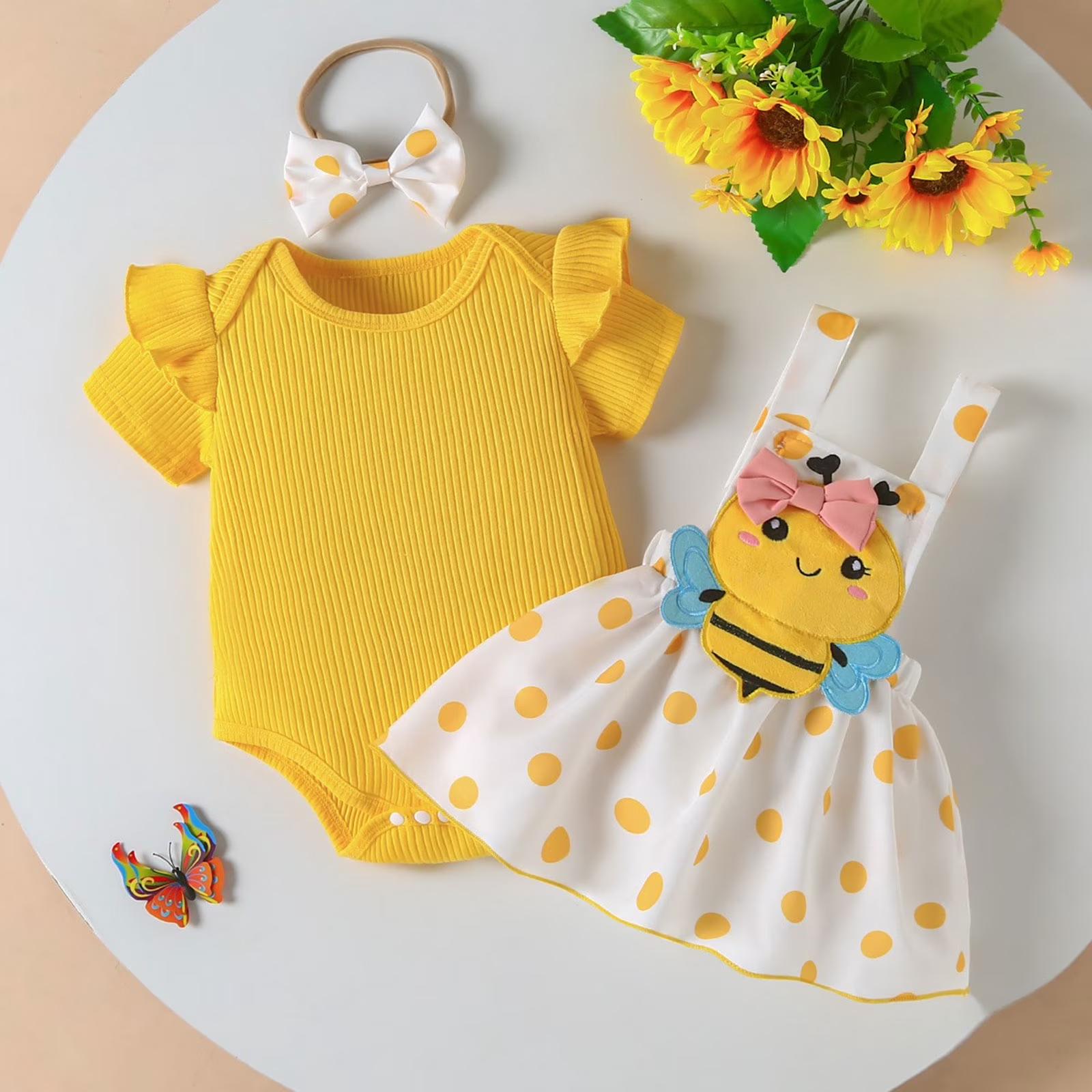 Baby Girl Summer Short Sleeve Ribbed Bodysuit Ribbed Knit Romper Polka Dot Suspender Skirt Set with Headband Infant Outfit 12M