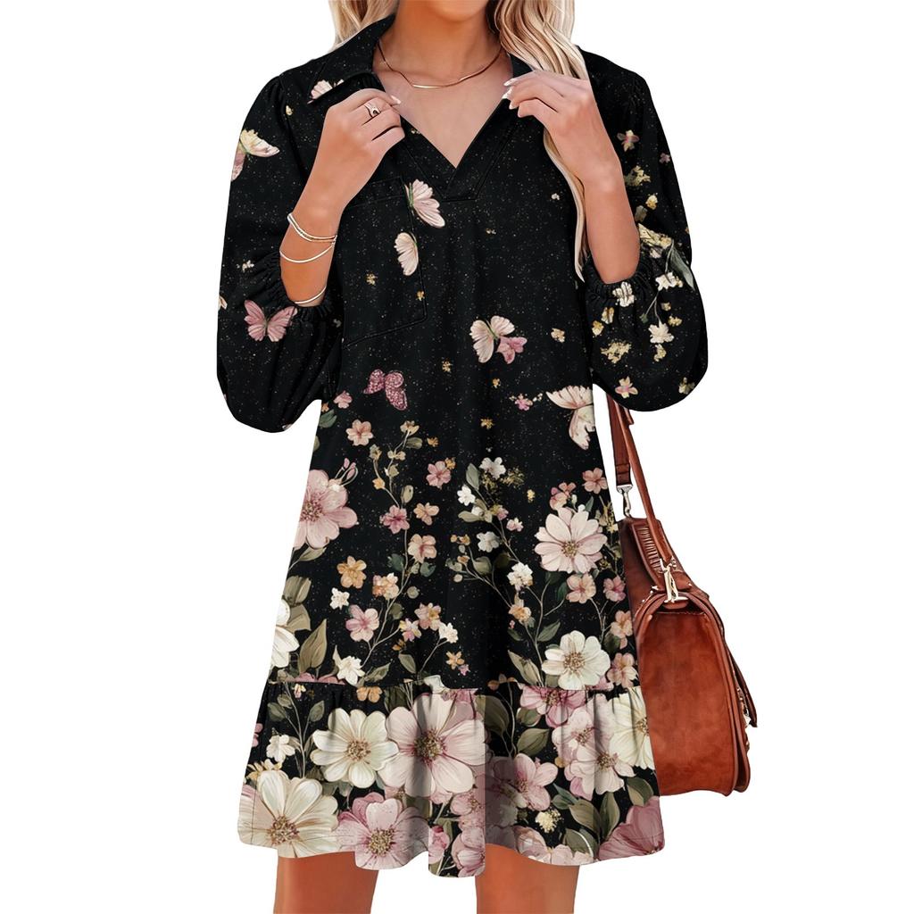 Damenmode Elegant Herbst Und Winter Langarm V-Ausschnitt Weihnachtsprint Kleid