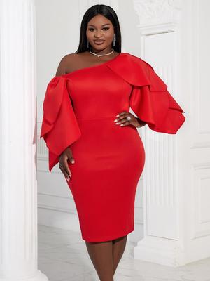 Sexy Red Party Dresses Bodycon Women Cascading Ruffles Elegant Short Sleeves Midi Robes Birthday Homecoming 4XL