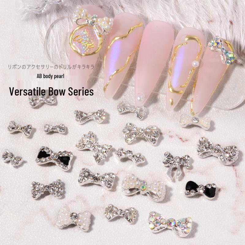 Japanese Style Rhinestone and Pearl Bow Nail Art Accessories