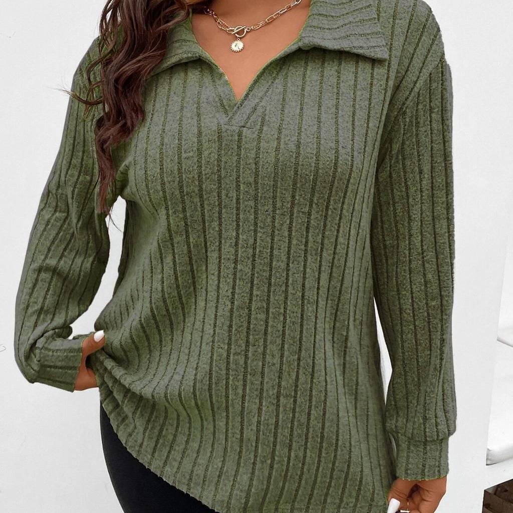 Jesień/Zima 2023 Top z dekoltem w serek, prążkowany, z długim rękawem, w dużych rozmiarach dla kobiet