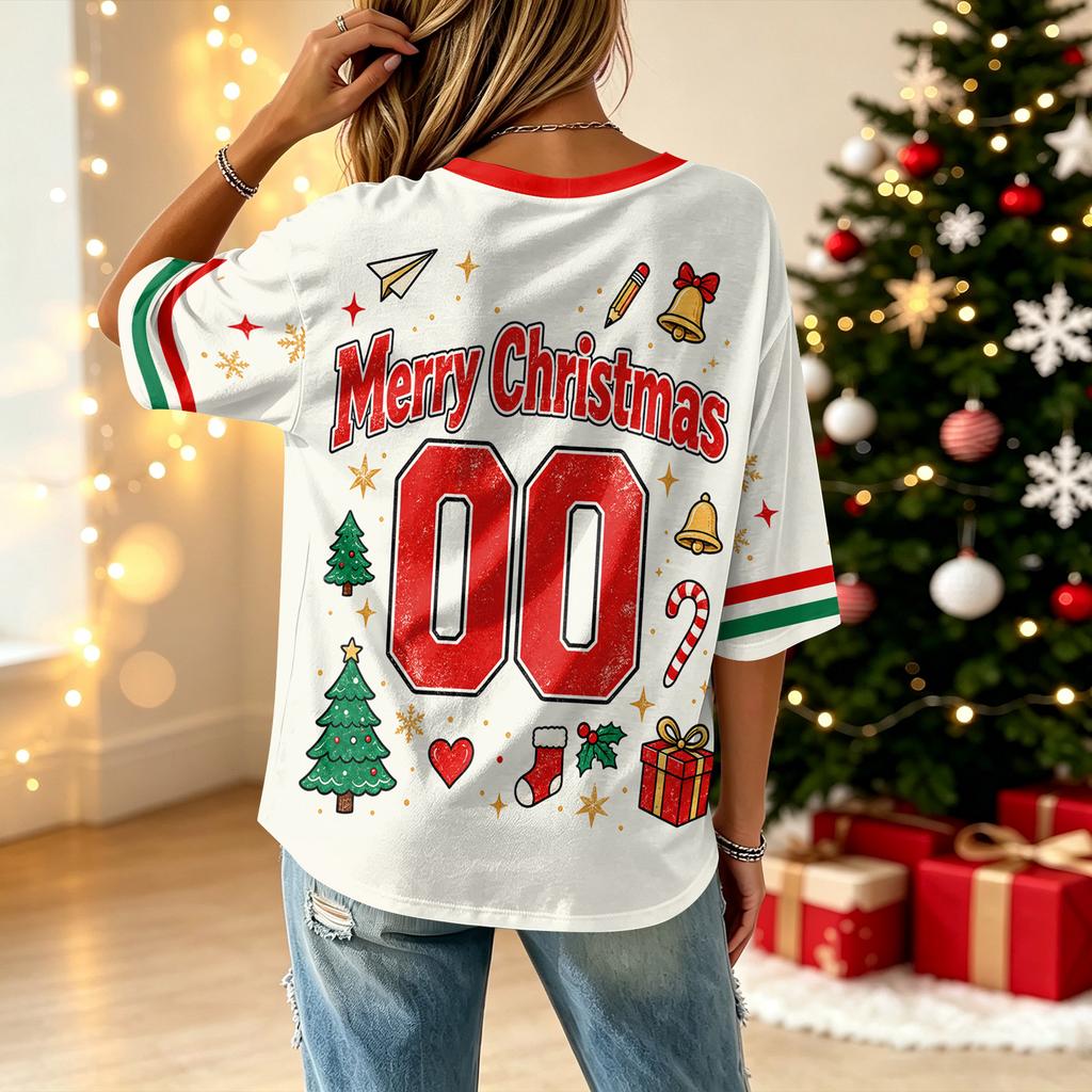 Women's Casual Christmas Print V-Neck Top, 3/4 Sleeve Holiday Shirt for Everyday Wear