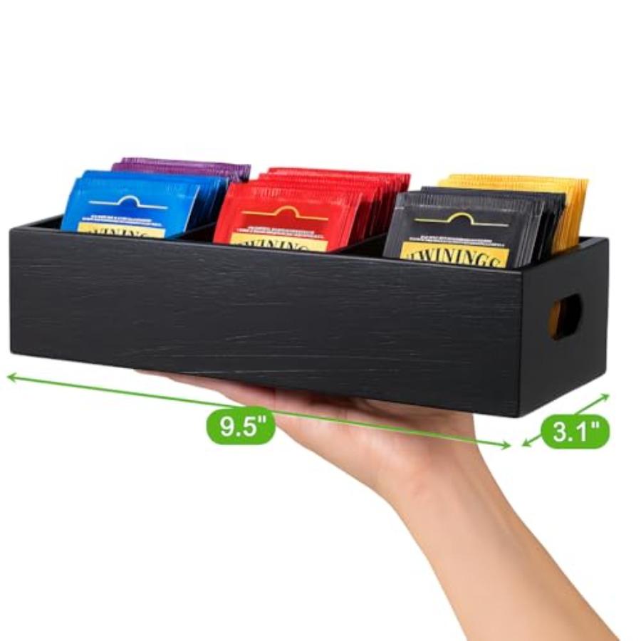 Schwarze Holz-Tee- und Zuckerpackungs-Organizer mit 3 Fächern, Holzkiste für Küchen- und Bürotischablage, Langlebig und Stilvoll