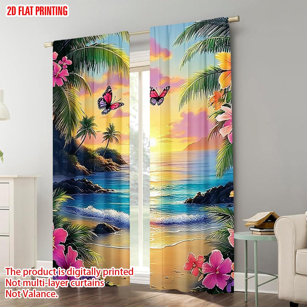 Set Of 2 Plane Printing Popular Curtain Panels Vibrant Flowers Palms Polyester Easy Install Without Rod Versatile All Use Curtains Made