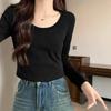 Basic Right-shoulder Long-sleeved T-shirt for Women In Autumn New Style Large Neckline Exposed Collarbone Bottoming Shirt Slim Fit Pure Cotton Top