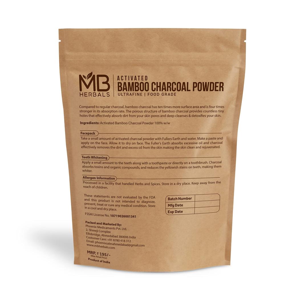 MB Herbals Activated Bamboo Charcoal Powder 100g | for Face Body | Food Grade | 100% Natural Bamboo Charcoal for Deep Cleansing & Detoxifying