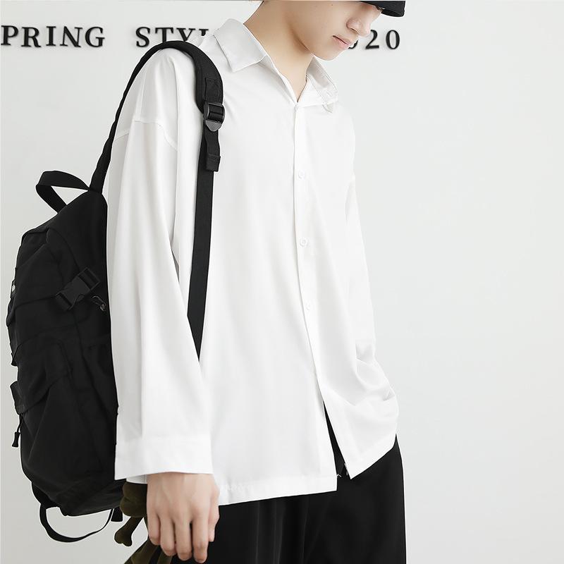 Camisa Negra de Manga Larga Holgada para Hombre Casual Color Sólido Top Streetwear