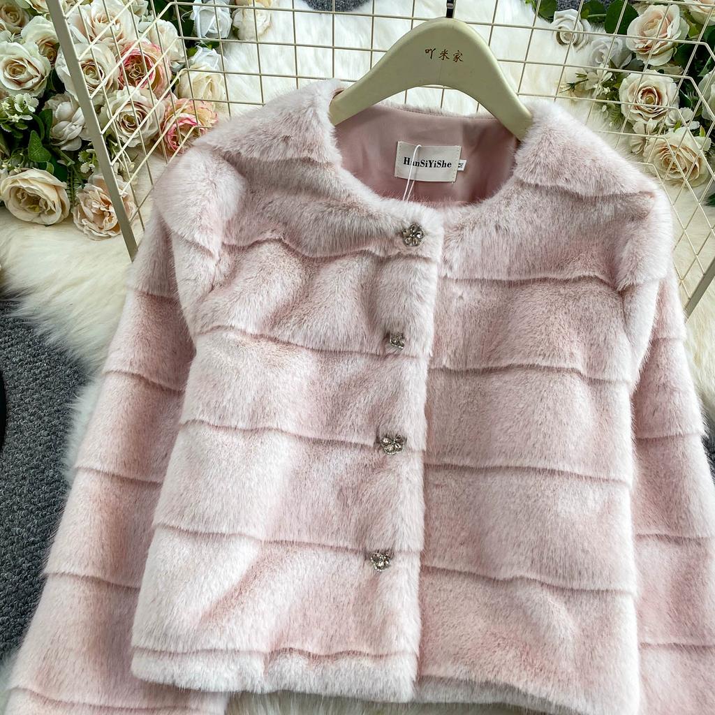 Autumn Winter Women Luxury Soft Mink Faux Fur Warm Short Jacket Diamond Button Single Breasted Christmas Outerwear Coat