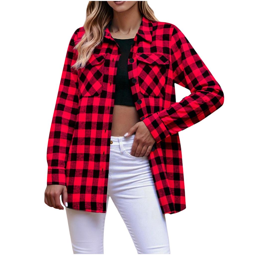 Women's Fashion Long-Sleeve Button-Down Plaid Shirt With Pockets